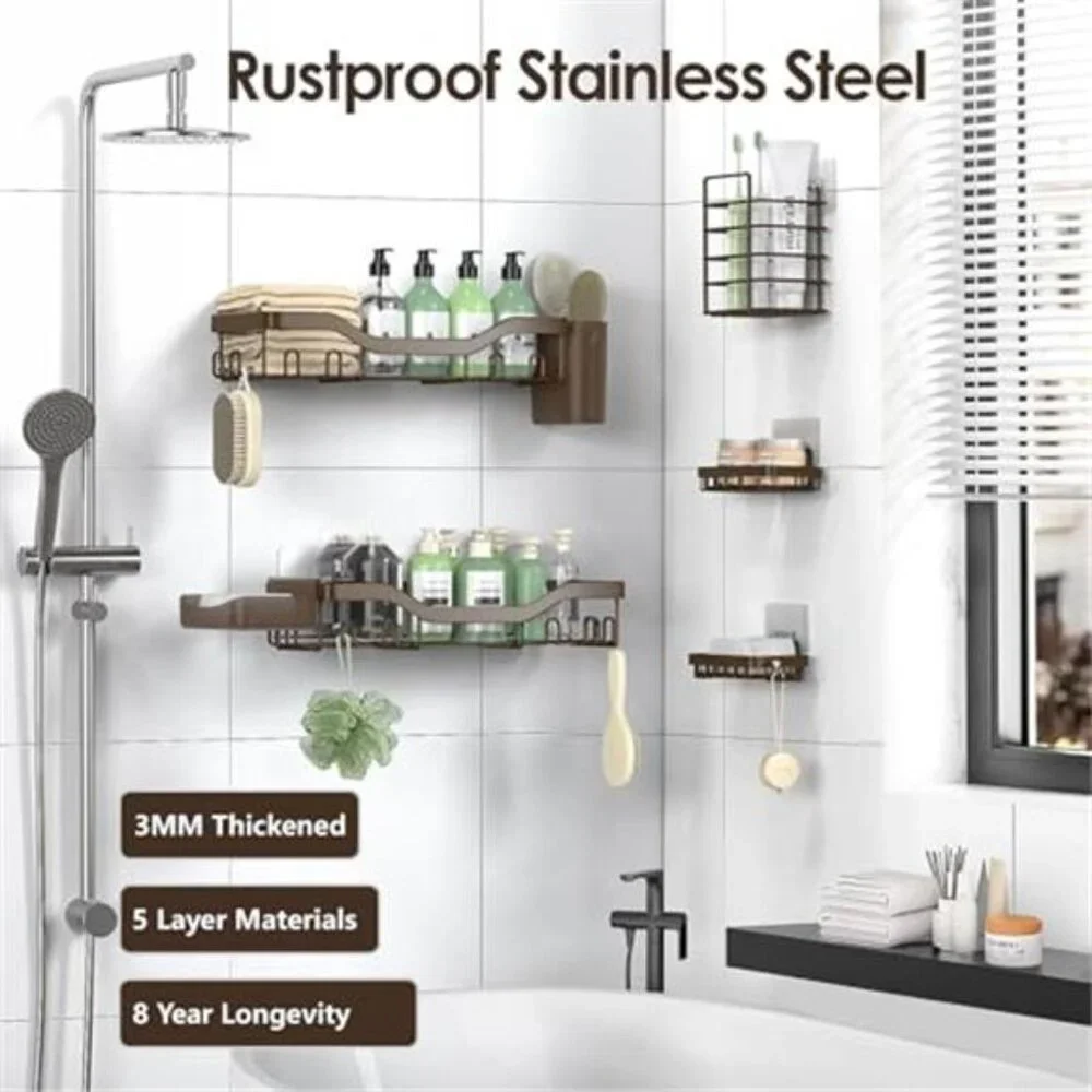 Shower Caddy Adhesive Bathroom Organizer No Drill Stainless Steel Rack 7 Pack